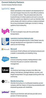 A list of current Industry Partners. To read about them, go to uw.edu/accesscomputing/about/industry-partners.