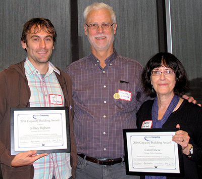 o	Jeff Bigham and Carol Frieze pose with Richard Ladner after receiving their capacity building awards.