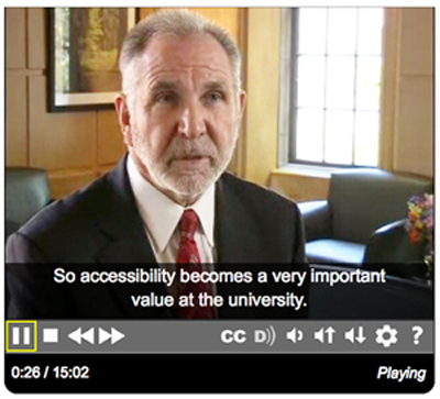 captioned still from the Campus Leaders video shows University of Washington President Michael Young talking about accessibility.